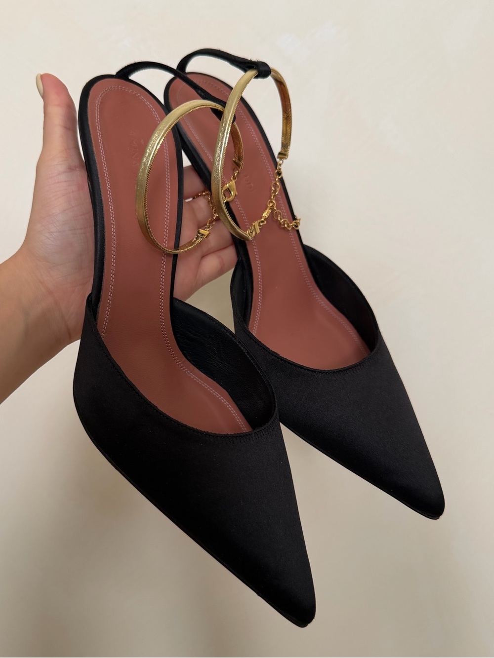 Amina Muaddi Fiona Satin Slingback Pumps Black and Gold Size 38